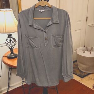 White Birch long sleeved top, Size Medium, Color slate blue,   curved hemline